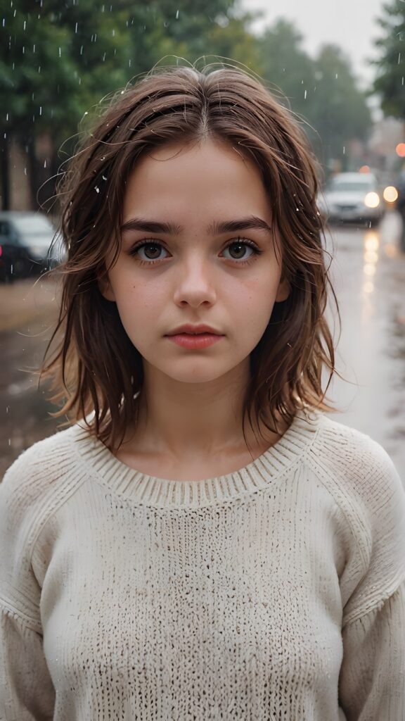 a detailed and realistic portrait of a sad teen girl with brown hair, big eyes, lovesick and standing alone in the rain, wears a wet white sweater made of fine wool