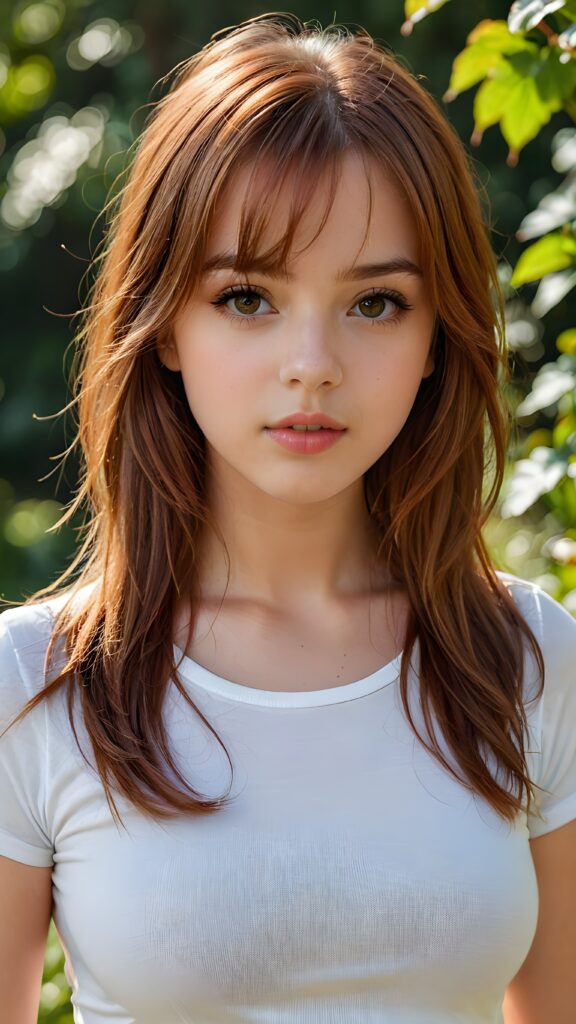 a detailed and realistic upper-body portrait from a teen model girl, 15 years old, against a natural backdrop, detailed soft auburn-red hair, her hair falls over her shoulders and reaches down to her waist, styled bangs, white short crop tight t-shirt, perfect curved body, ultra realistic round face, realistic amber eyes, kissable lips, she has opened her mouth slightly and looks seductively at the viewer, a photo with beautiful saturation, ultra high resolution, deep shadow, (best quality, masterpiece), break depth of field, film grain, ((full body view)) ((cute)) ((stunning))