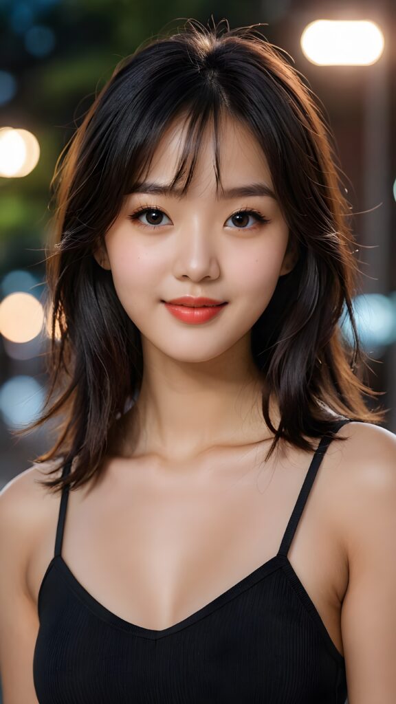 a (detailed and perfect portrait) of a (beautiful young cute Korean girl, warm smile, perfect body), round head and eyes, full red lips, with (very long, straight soft jet black hair), bangs cut, wearing a deep neckline cropped tank top