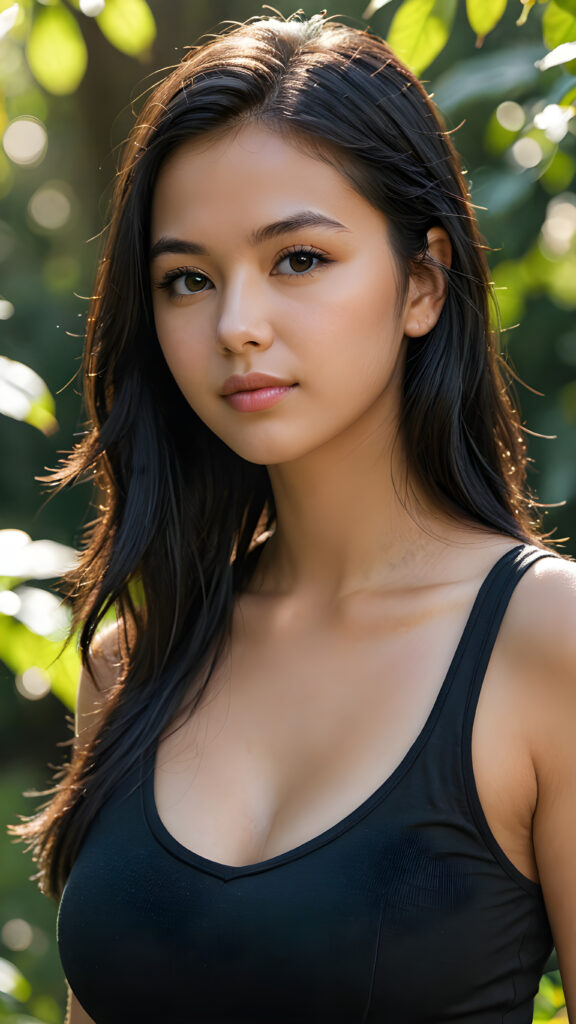 a detailed and realistic photo from a (((beautiful young busty teen girl))) with ((soft straight long black hair)), accompanied by (((volumetric lighting))) that bring out the (masterpiece) details, all against a (natural green sunny backdrop), (hyper-realistic) features, captures the essence of (digital art), ((black dressed in an short cropped tank top with a deep v-neck))