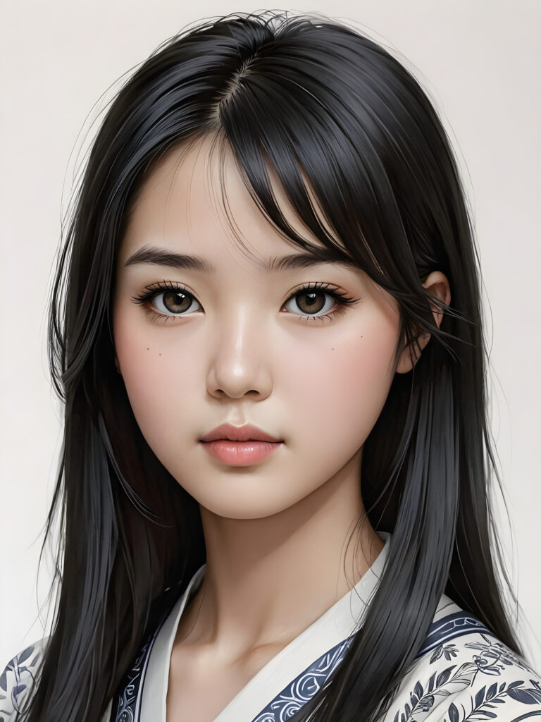 a detailed and realistic picture of a teen girl, traditional Japanese drawing style, she has long straight deep black hair, full lips, round face