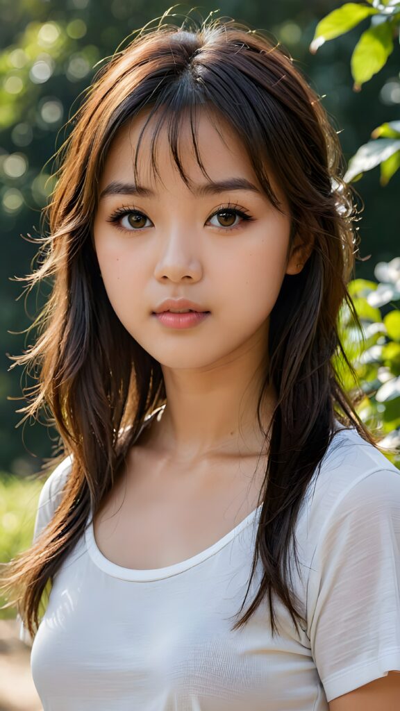 a detailed and realistic upper-body portrait from a Asian teen model girl, 15 years old, against a natural backdrop, detailed soft hair, her hair falls over her shoulders and reaches down to her waist, styled bangs, white short crop tight t-shirt, perfect curved body, ultra realistic round face, realistic amber eyes, kissable lips, she has opened her mouth slightly and looks seductively at the viewer, a photo with beautiful saturation, ultra high resolution, deep shadow, (best quality, masterpiece), break depth of field, film grain, ((full body view)) ((cute)) ((stunning))