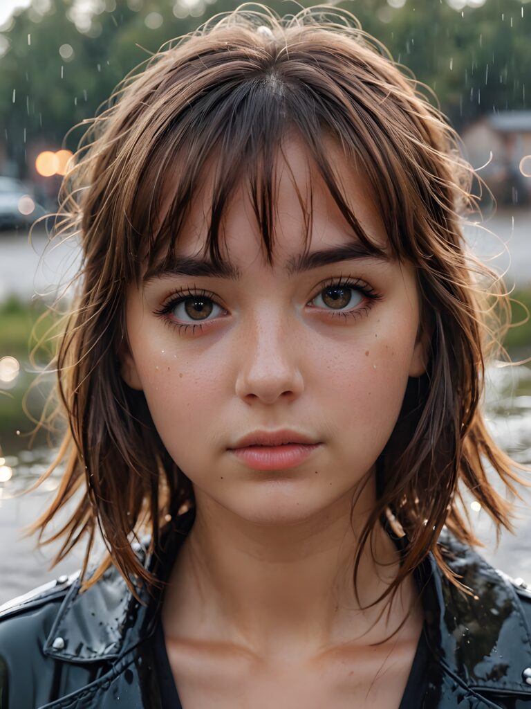 a detailed and realistic portrait of a sad girl with brown hair in bangs cut, big, wet eyes