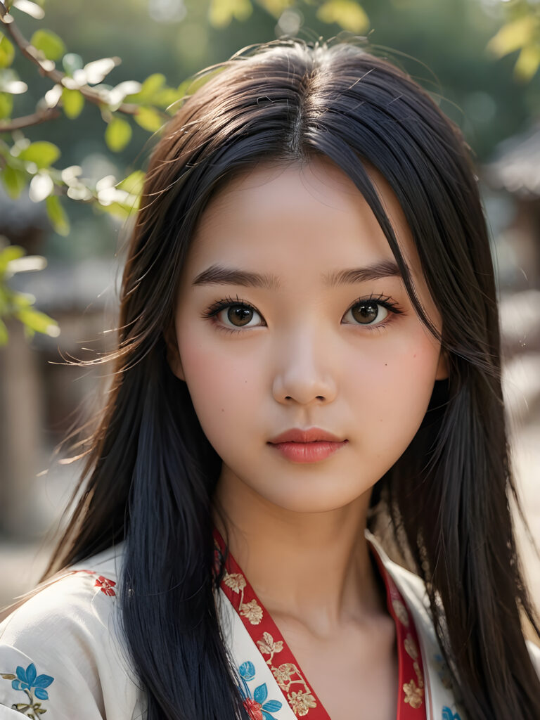 a detailed and realistic picture of a teen girl, traditional Chinese drawing style, she has long straight deep black hair, full lips, round face