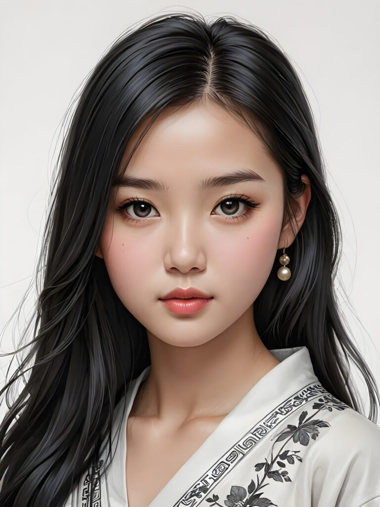 a detailed and realistic picture of a teen girl, traditional Chinese drawing style, she has long straight deep black hair, full lips, round face