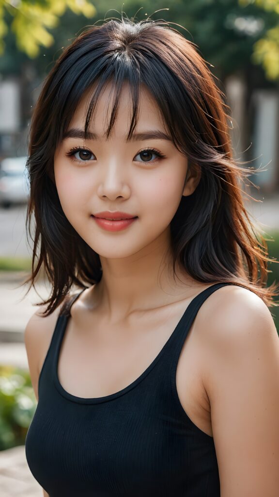 a (detailed and perfect portrait) of a (beautiful young cute Korean girl, warm smile, perfect body), round head and eyes, full red lips, with (very long, straight soft jet black hair), bangs cut, wearing a deep neckline cropped tank top