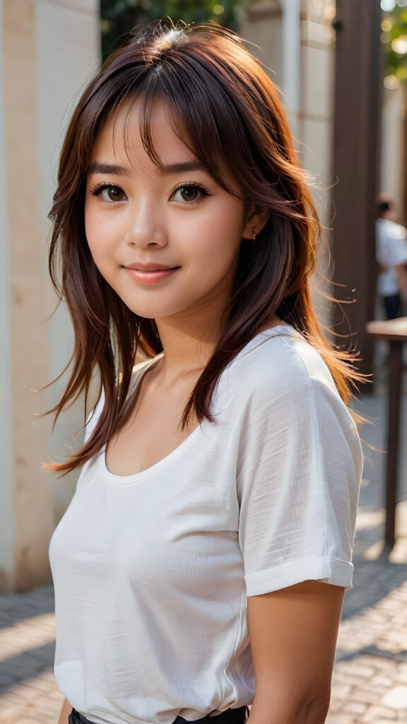 a detailed and realistic portrait from a Filipina teen girl, detailed hair, styled bangs, white short t-shirt, perfect curved body, ultra realistic face, realistic amber eyes, detailed maroon straight hair, a photo with beautiful saturation, ultra high resolution, deep shadow, (best quality, masterpiece), highly detailed, skinny, break depth of field, film grain, looking at viewer, warm smile, ((full body view)) (((cute))) (((elegant))) ((attractive)) ((female model)) ((stunning))