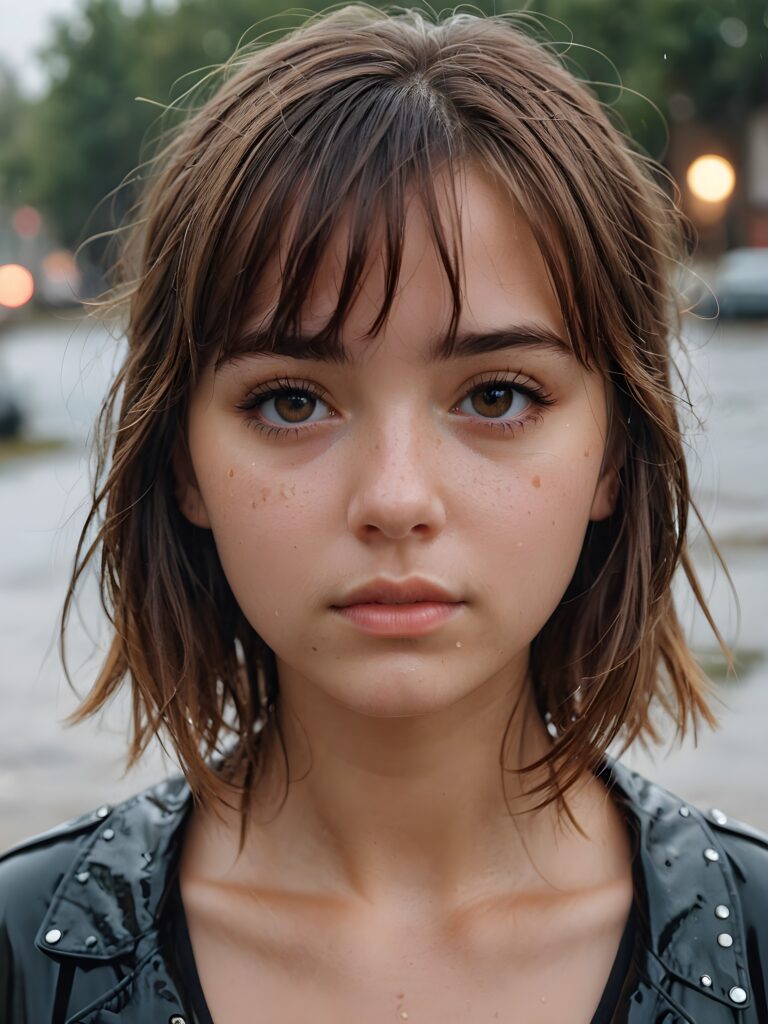 a detailed and realistic portrait of a sad girl with brown hair in bangs cut, big, wet eyes