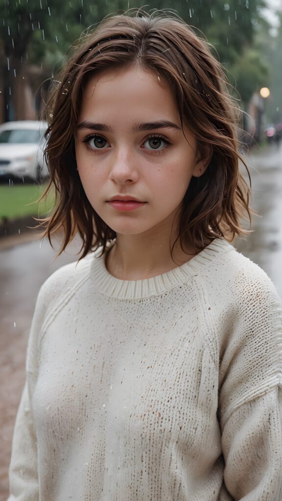 a detailed and realistic portrait of a sad teen girl with brown hair, big eyes, lovesick and standing alone in the rain, wears a wet white sweater made of fine wool