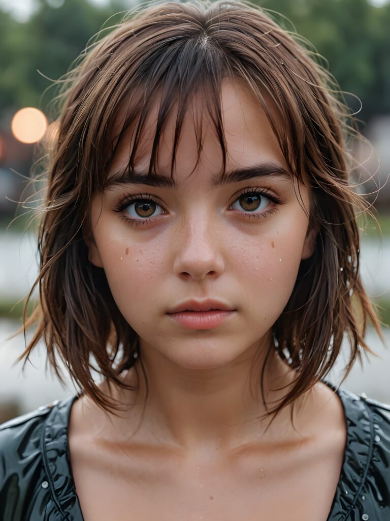 a detailed and realistic portrait of a sad girl with brown hair in bangs cut, big, wet eyes