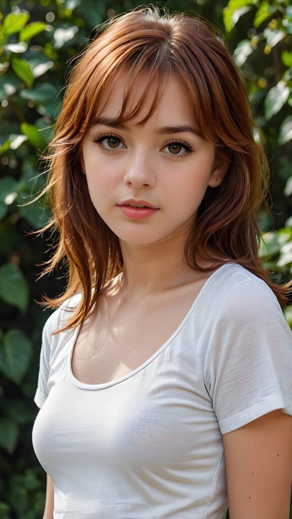 a detailed and realistic upper-body portrait from a teen model girl, 15 years old, against a natural backdrop, detailed soft auburn-red hair, her hair falls over her shoulders and reaches down to her waist, styled bangs, white short crop tight t-shirt, perfect curved body, ultra realistic round face, realistic amber eyes, kissable lips, she has opened her mouth slightly and looks seductively at the viewer, a photo with beautiful saturation, ultra high resolution, deep shadow, (best quality, masterpiece), break depth of field, film grain, ((full body view)) ((cute)) ((stunning))