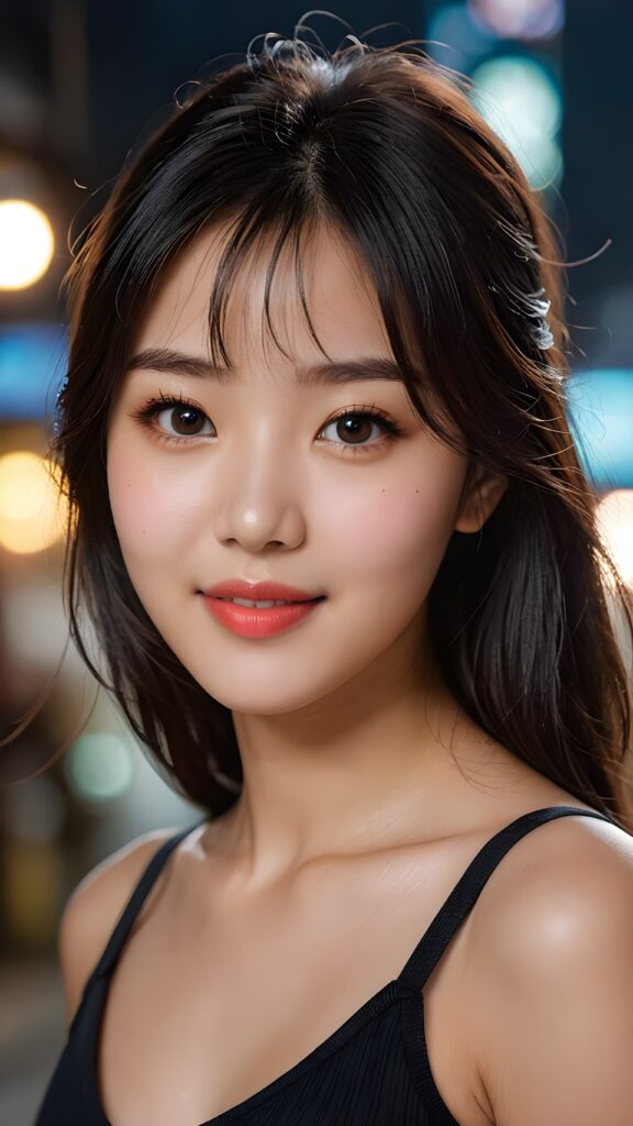 a (detailed and perfect portrait) of a (beautiful young cute Korean girl, warm smile, perfect body), round head and eyes, full red lips, with (very long, straight soft jet black hair), bangs cut, wearing a deep neckline cropped tank top