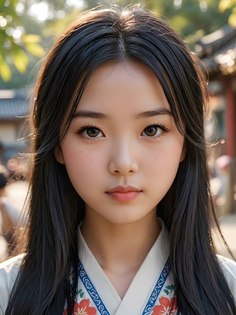 a detailed and realistic picture of a teen girl, traditional Chinese drawing style, she has long straight deep black hair, full lips, round face