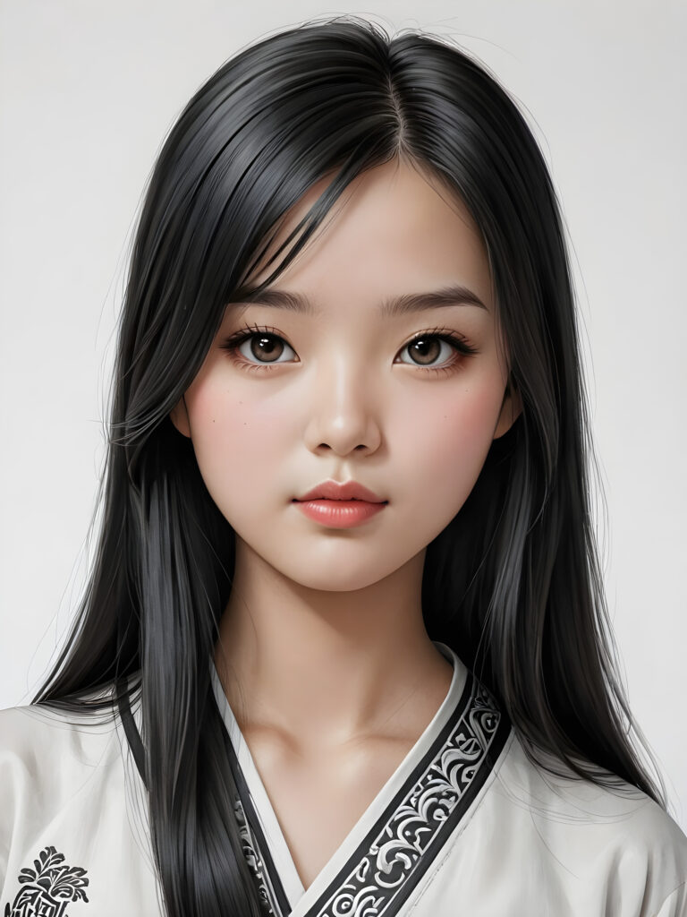 a detailed and realistic picture of a teen girl, traditional Chinese drawing style, she has long straight deep black hair, full lips, round face