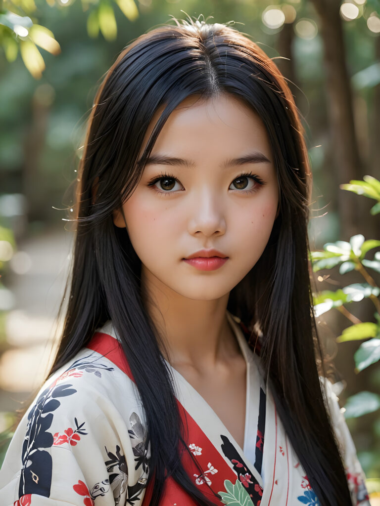 a detailed and realistic picture of a teen girl, traditional Japanese drawing style, she has long straight deep black hair, full lips, round face