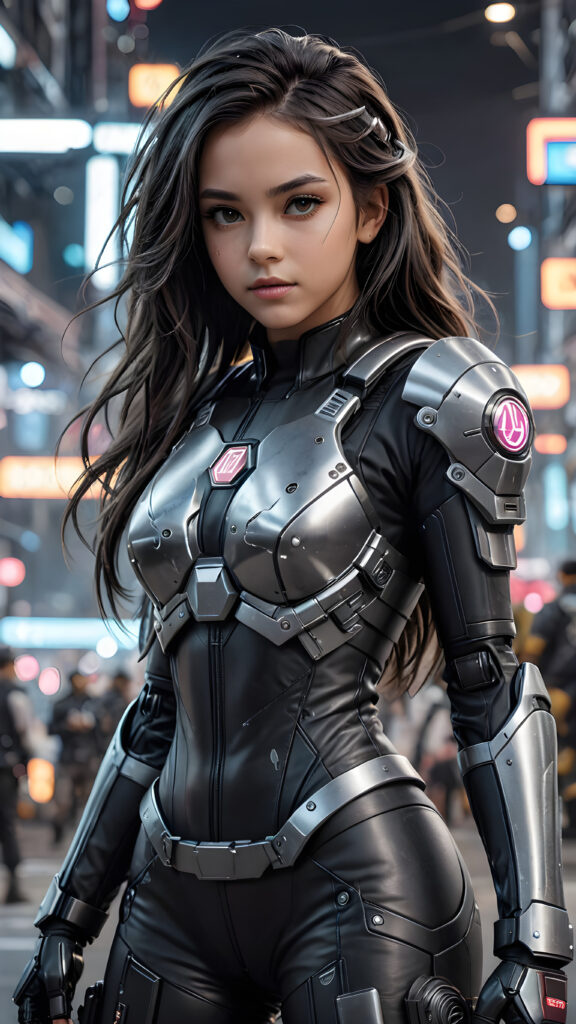 a detailed dark young girl in a battle suit in cyber punk style, she has long hair, full body shot, black and white pencil draw