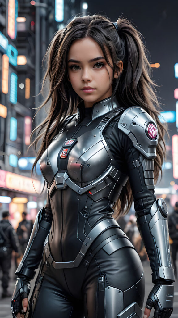 a detailed dark young girl in a battle suit in cyber punk style, she has long hair, full body shot, black and white pencil draw