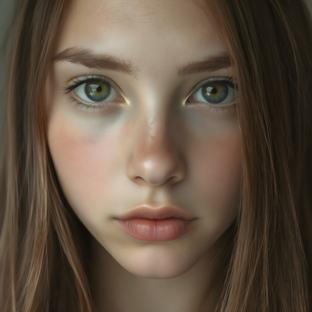 a portrait of a (((beautiful, youthful girl))) with ((moderately imperfect skin)) and ((intricate details around her eyes)), sporting ((long, straight brown hair)) and ((light brown eyes)), full kissable lips, light blue detailed and realistic eyes, (((looking into the camera))) with ((natural, soft lighting)) and ((detailed, symmetrical eyes)), capturing ((perfect, matching eyes)) and ((creating a harmonious, balanced composition)) that exudes ((high realism)) at an (8K resolution)