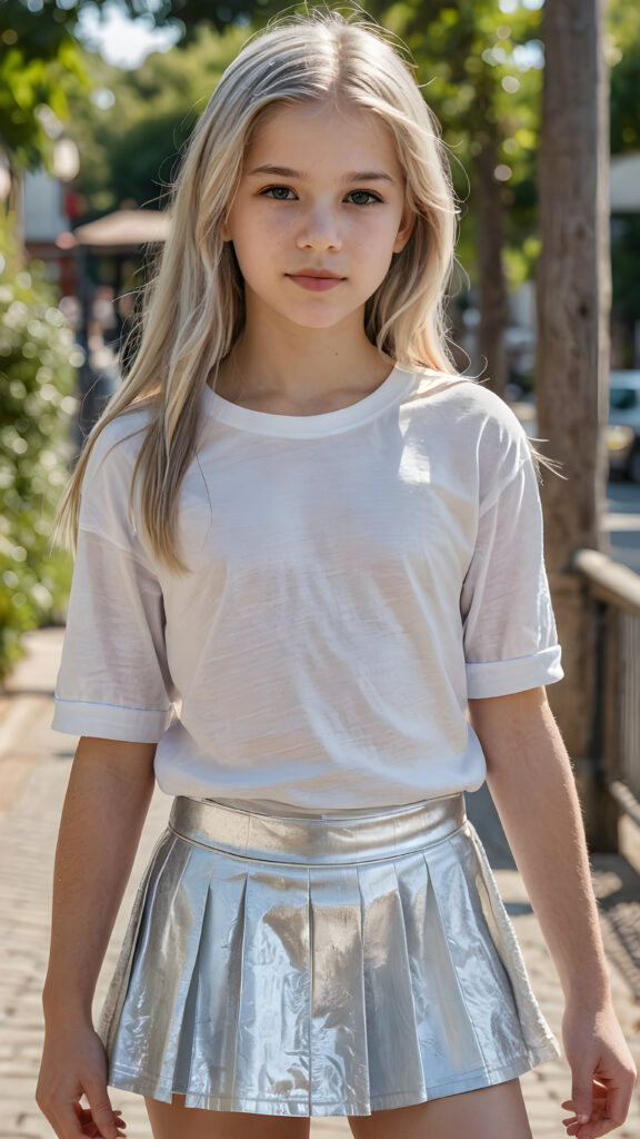 a detailed pencil drawing, silvery-skinned (((young teen girl, 12 years old))), long straight platinum hair, ((short white shirt)), ((round short mini skirt))