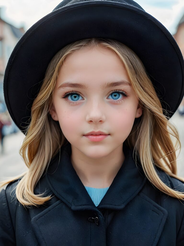 a detailed perfect portrait with pastel colors, young girl, 13 years old, she wears a hat, a ((coat)), she look at the viewer, detailed shiny straight soft long blond hair, ((light blue eyes)), full lips, round detailed face ((cute)), ((gorgeous))