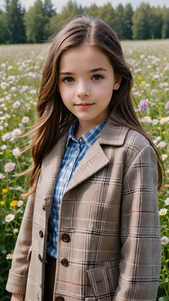 a detailed perfect portrait with pastel colors, young girl, 13 years old, stands in a flower meadow. She wears a ((checkered coat in brown and grey)) and black shirt, she look at the viewer, detailed shiny straight brown hair, blue eyes, round detailed face