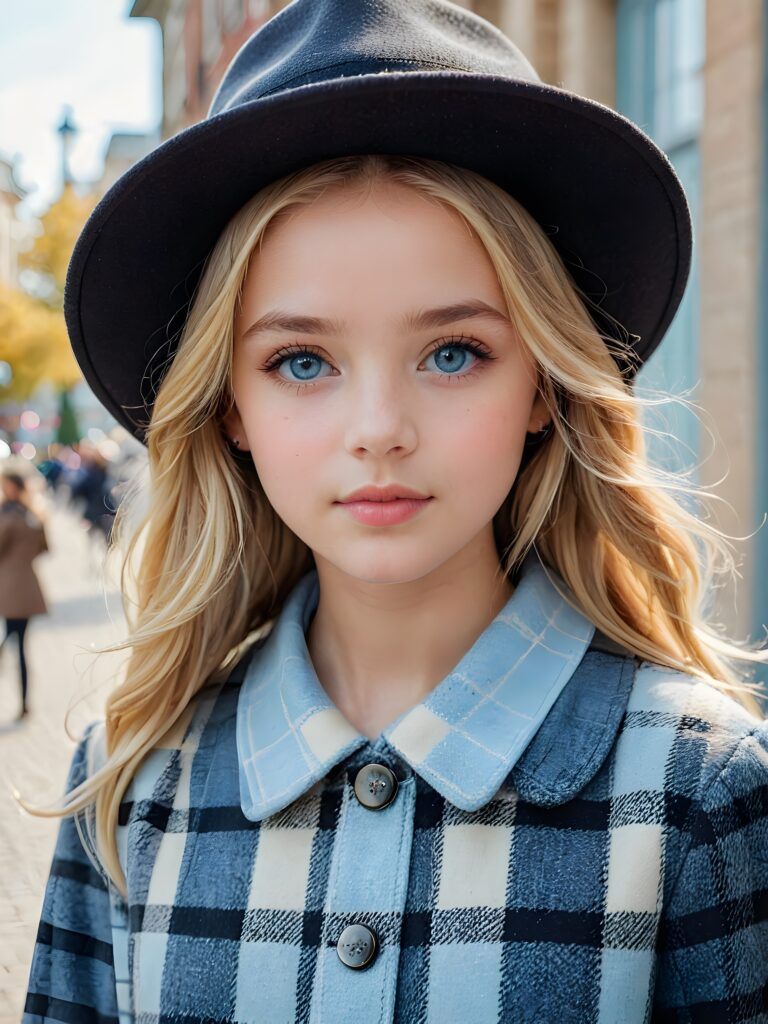 a detailed perfect portrait with pastel colors, young girl, 13 years old, she wears a hat, a ((coat)), she look at the viewer, detailed shiny straight soft long blond hair, ((light blue eyes)), full lips, round detailed face ((cute)), ((gorgeous))