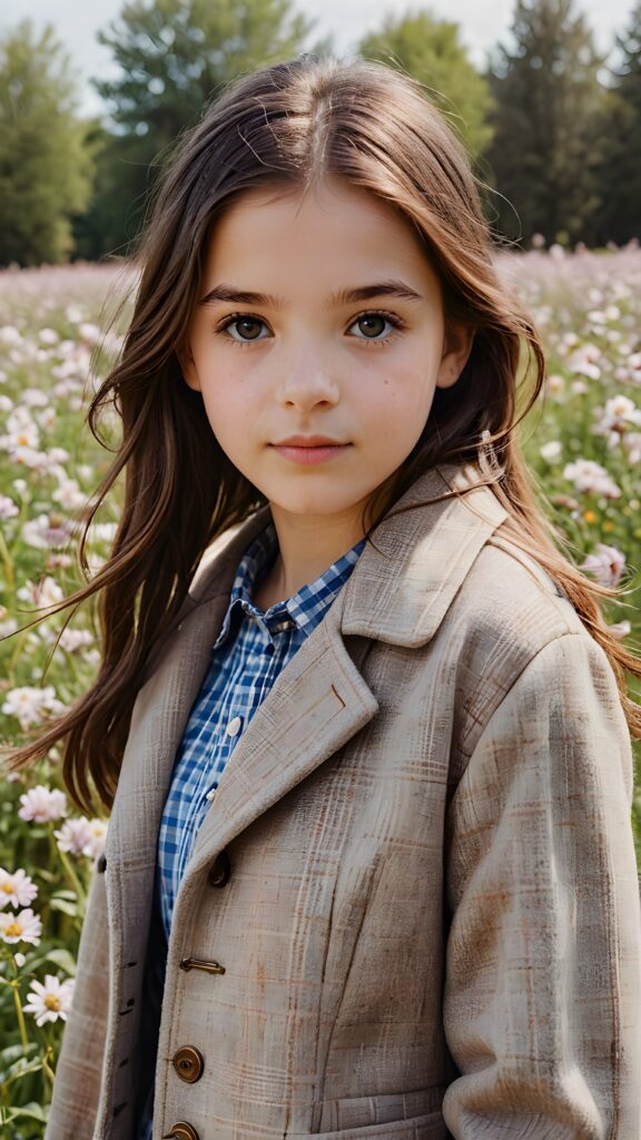 a detailed perfect portrait with pastel colors, young girl, 13 years old, stands in a flower meadow. She wears a ((checkered coat in brown and grey)) and black shirt, she look at the viewer, detailed shiny straight brown hair, blue eyes, round detailed face