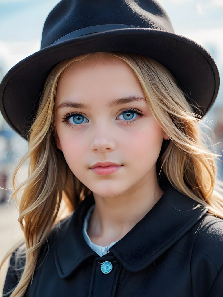 a detailed perfect portrait with pastel colors, young girl, 13 years old, she wears a hat, a ((coat)), she look at the viewer, detailed shiny straight soft long blond hair, ((light blue eyes)), full lips, round detailed face ((cute)), ((gorgeous))