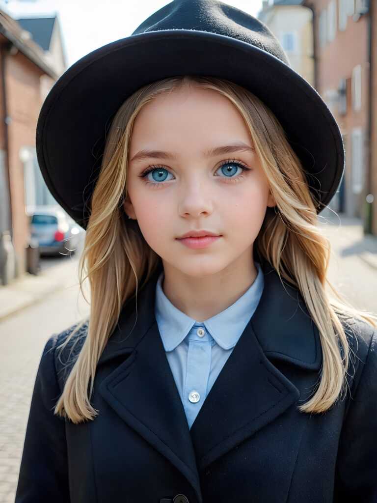 a detailed perfect portrait with pastel colors, young girl, 13 years old, she wears a hat, a ((coat)), she look at the viewer, detailed shiny straight soft long blond hair, ((light blue eyes)), full lips, round detailed face ((cute)), ((gorgeous))