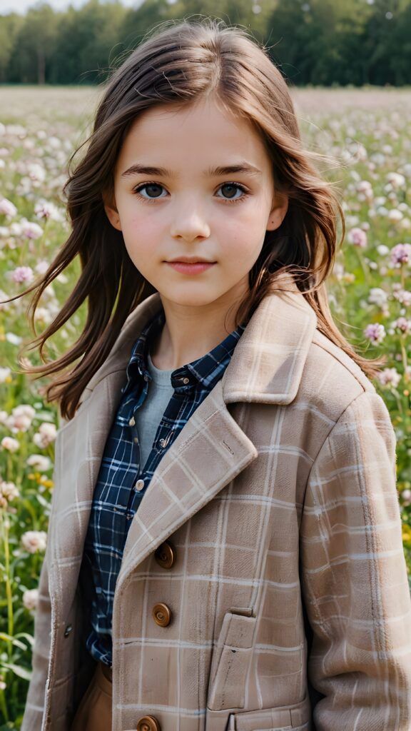 a detailed perfect portrait with pastel colors, young girl, 13 years old, stands in a flower meadow. She wears a ((checkered coat in brown and grey)) and black shirt, she look at the viewer, detailed shiny straight brown hair, blue eyes, round detailed face