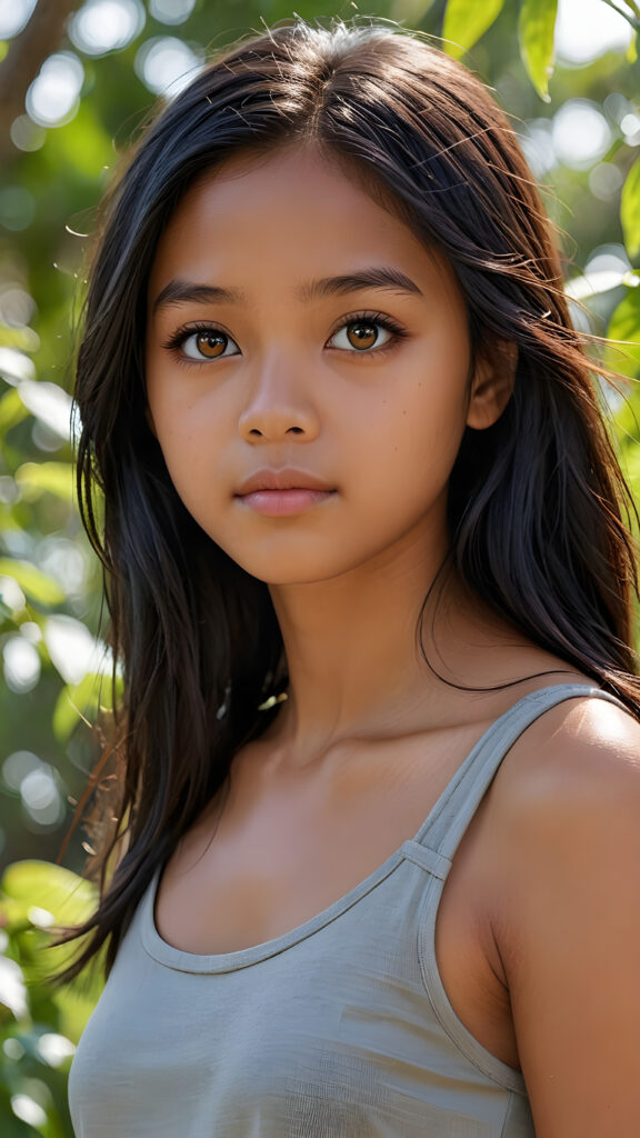 a detailed pictures, featuring a beautifully drawn face of a young brown-skinned Filipino teen girl, 13 years old, ((long straight raven-black soft hair)), ((round detailed face, round big amber eyes)), (((looking away))), her expression is one of thoughtful suspense, her gaze fixed on a point that suggests the viewer's eye, as if drawn by a (((graphic novel style))), down blouse, wears a short cropped spaghetti tank top, full body, pictured from side