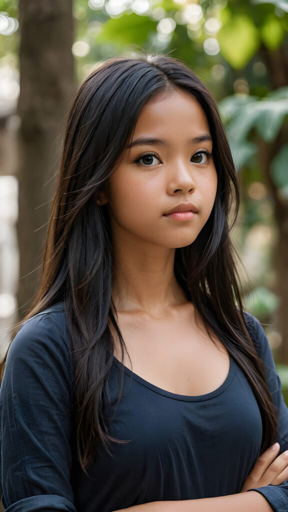 a detailed pictures, featuring a beautifully drawn face of a young brown-skinned Filipino teen girl, 14 years old, ((long straight black soft hair)), (((looking away))), her expression is one of thoughtful suspense, her gaze fixed on a point that suggests the viewer's eye, as if drawn by a (((graphic novel style))), down blouse, full body, pictured from side, looking away, covering her chest with her hands. looking away, suspicious expression, dynamic body pose