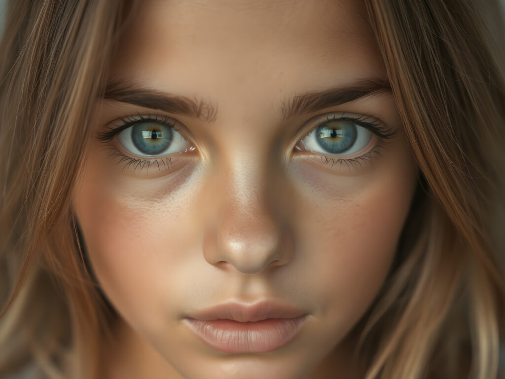 a detailed pictures of a (((girls face))) with ((tanned skin)) and ((intricate details around her eyes)), and ((round face)), full kissable lips, light blue detailed and realistic eyes, (((looking into the camera))) with ((natural, soft lighting)) and ((detailed, symmetrical eyes)), capturing ((perfect, matching eyes)) and ((creating a harmonious, balanced composition)) that exudes ((high realism)) at an (8K resolution)