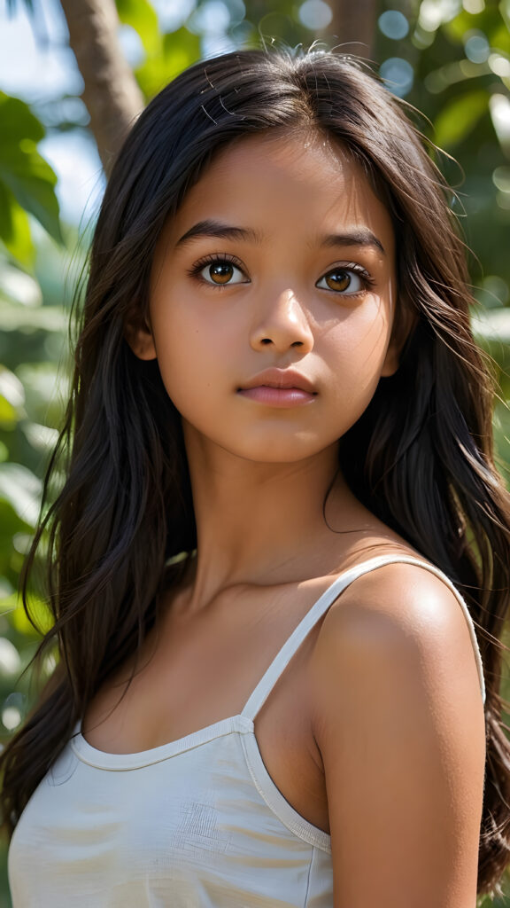 a detailed pictures, featuring a beautifully drawn face of a young brown-skinned Filipino teen girl, 13 years old, ((long straight raven-black soft hair)), ((round detailed face, round big amber eyes)), (((looking away))), her expression is one of thoughtful suspense, her gaze fixed on a point that suggests the viewer's eye, as if drawn by a (((graphic novel style))), down blouse, wears a short cropped spaghetti tank top, full body, pictured from side