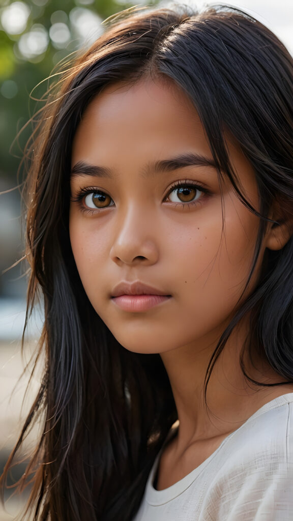 a detailed pictures, featuring a beautifully drawn face of a young brown-skinned Filipino teen girl, 13 years old, ((long straight raven-black soft hair)), ((round detailed face, amber eyes)), (((looking away))), her expression is one of thoughtful suspense, her gaze fixed on a point that suggests the viewer's eye, as if drawn by a (((graphic novel style))), down blouse, full body, pictured from side