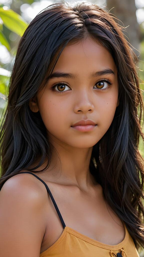 a detailed pictures, featuring a beautifully drawn face of a young brown-skinned Filipino teen girl, 13 years old, ((long straight raven-black soft hair)), ((round detailed face, round big amber eyes)), (((looking away))), her expression is one of thoughtful suspense, her gaze fixed on a point that suggests the viewer's eye, as if drawn by a (((graphic novel style))), down blouse, wears a short cropped spaghetti tank top, full body, pictured from side