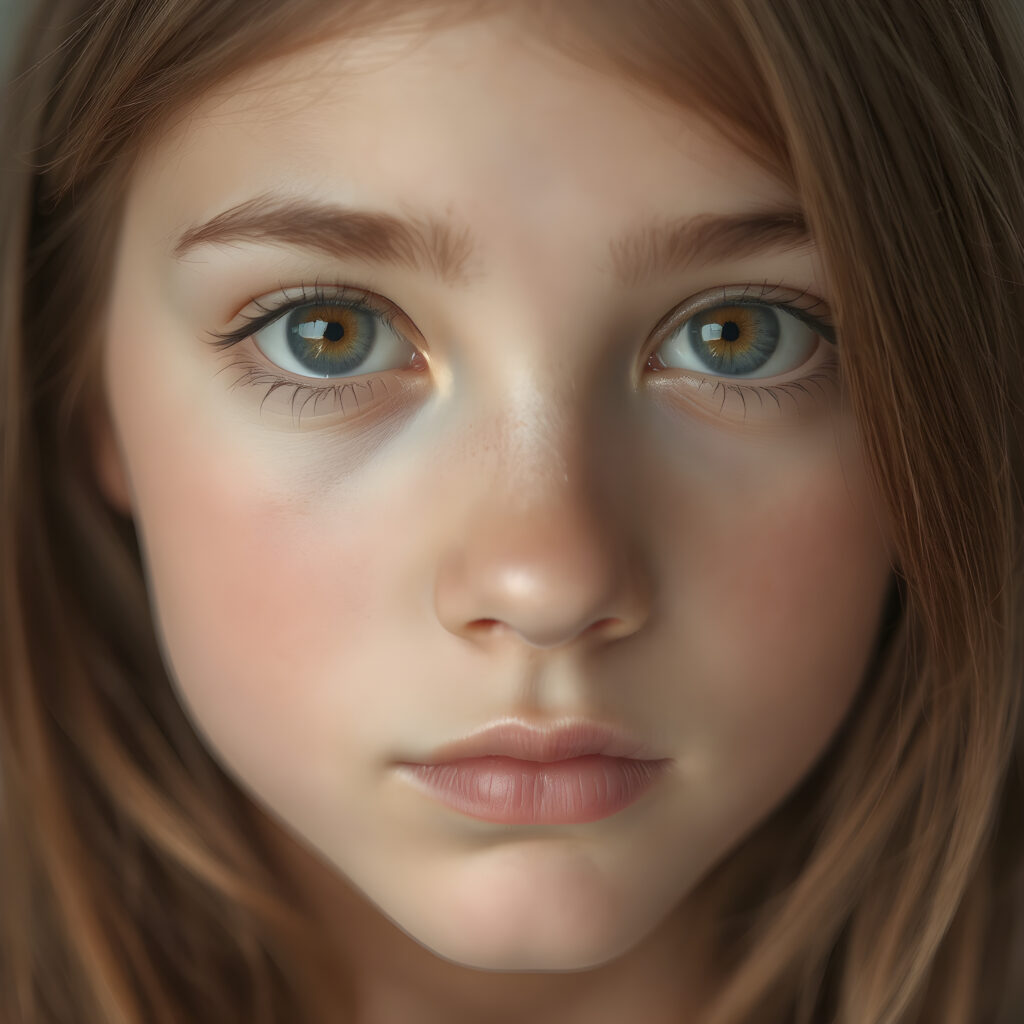 a portrait of a (((beautiful, youthful girl))) with ((moderately imperfect skin)) and ((intricate details around her eyes)), sporting ((long, straight brown hair)) and ((light brown eyes)), full kissable lips, light blue detailed and realistic eyes, (((looking into the camera))) with ((natural, soft lighting)) and ((detailed, symmetrical eyes)), capturing ((perfect, matching eyes)) and ((creating a harmonious, balanced composition)) that exudes ((high realism)) at an (8K resolution)