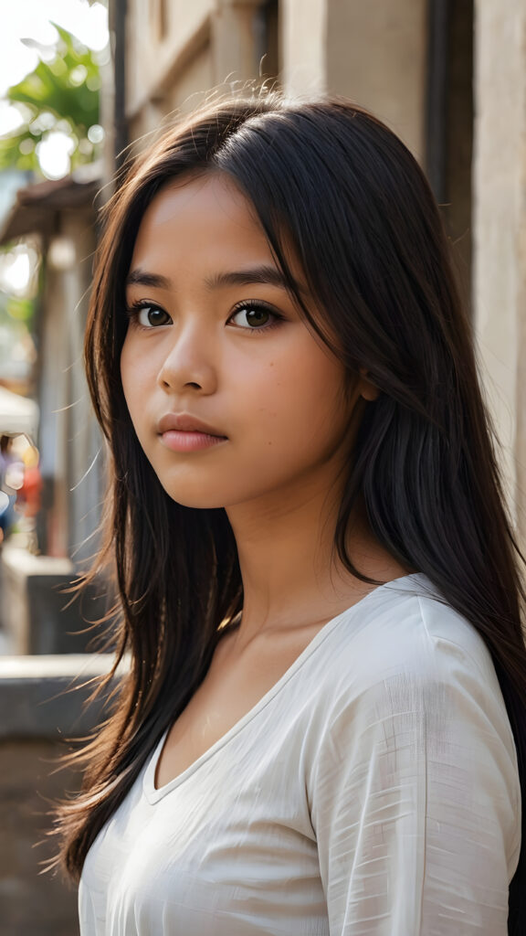 a detailed pictures, featuring a beautifully drawn face of a young brown-skinned Filipino teen girl, 14 years old, ((long straight black soft hair)), (((looking away))), her expression is one of thoughtful suspense, her gaze fixed on a point that suggests the viewer's eye, as if drawn by a (((graphic novel style))), down blouse, full body, pictured from side, looking away, covering her chest with her hands. looking away, suspicious expression, dynamic body pose