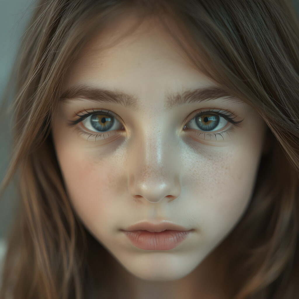 a portrait of a (((beautiful, youthful girl))) with ((moderately imperfect skin)) and ((intricate details around her eyes)), sporting ((long, straight brown hair)) and ((light brown eyes)), full kissable lips, light blue detailed and realistic eyes, (((looking into the camera))) with ((natural, soft lighting)) and ((detailed, symmetrical eyes)), capturing ((perfect, matching eyes)) and ((creating a harmonious, balanced composition)) that exudes ((high realism)) at an (8K resolution)