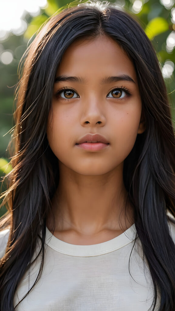 a detailed pictures, featuring a beautifully drawn face of a young brown-skinned Filipino teen girl, 13 years old, ((long straight raven-black soft hair)), ((round detailed face, amber eyes)), (((looking away))), her expression is one of thoughtful suspense, her gaze fixed on a point that suggests the viewer's eye, as if drawn by a (((graphic novel style))), down blouse, full body, pictured from side