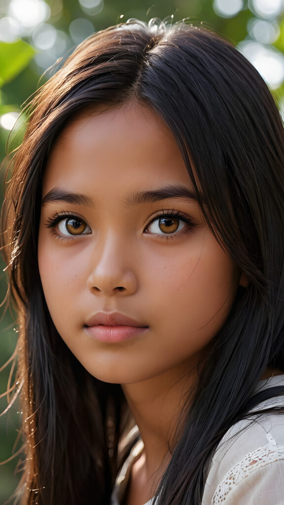 a detailed pictures, featuring a beautifully drawn face of a young brown-skinned Filipino teen girl, 13 years old, ((long straight raven-black soft hair)), ((round detailed face, amber eyes)), (((looking away))), her expression is one of thoughtful suspense, her gaze fixed on a point that suggests the viewer's eye, as if drawn by a (((graphic novel style))), down blouse, full body, pictured from side