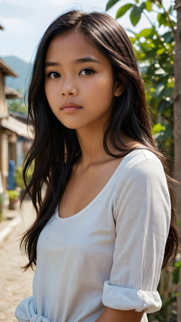 a detailed pictures, featuring a beautifully drawn face of a young brown-skinned Filipino teen girl, 14 years old, ((long straight black soft hair)), (((looking away))), her expression is one of thoughtful suspense, her gaze fixed on a point that suggests the viewer's eye, as if drawn by a (((graphic novel style))), down blouse, full body, pictured from side, looking away, covering her chest with her hands. looking away, suspicious expression, dynamic body pose