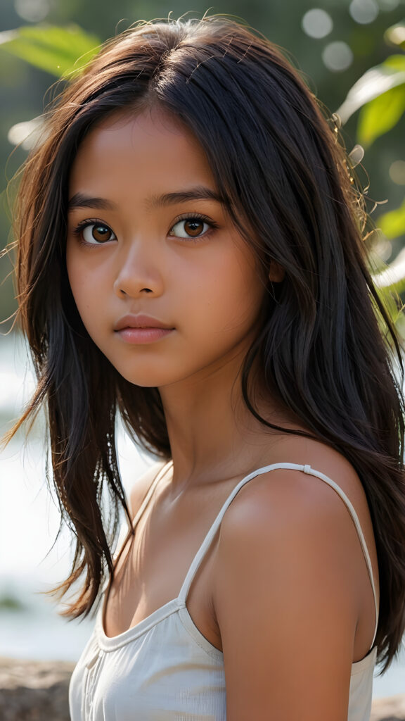 a detailed pictures, featuring a beautifully drawn face of a young brown-skinned Filipino teen girl, 13 years old, ((long straight raven-black soft hair)), ((round detailed face, round big amber eyes)), (((looking away))), her expression is one of thoughtful suspense, her gaze fixed on a point that suggests the viewer's eye, as if drawn by a (((graphic novel style))), down blouse, wears a short cropped spaghetti tank top, full body, pictured from side