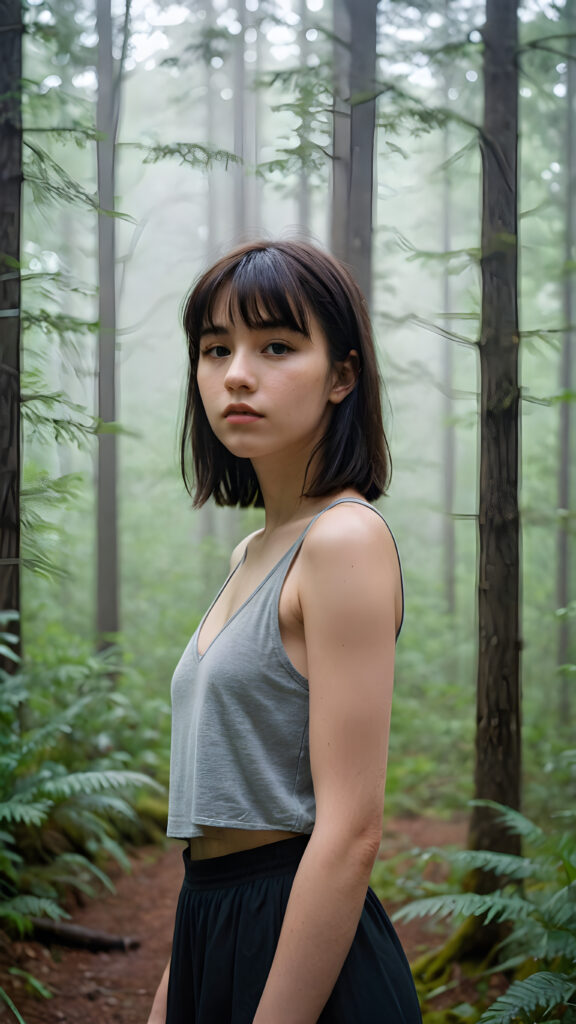 a detailed portrait (((young teenage girl))) with soft, black, shoulder-length hair and a tapered fringe, standing in a (((big, foggy forest))), exuding a sense of loneliness and isolation, dressed in a cropped tank top, deep v-neck, her figure eliciting (((stunningly gorgeous)))); the scene oozes a feeling of melancholy and unease