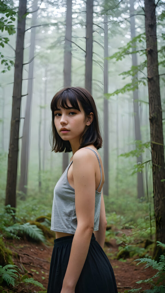 a detailed portrait (((young teenage girl))) with soft, black, shoulder-length hair and a tapered fringe, standing in a (((big, foggy forest))), exuding a sense of loneliness and isolation, dressed in a cropped tank top, deep v-neck, her figure eliciting (((stunningly gorgeous)))); the scene oozes a feeling of melancholy and unease