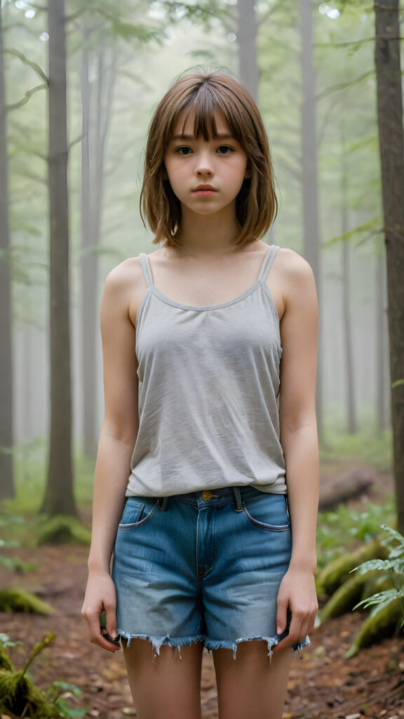 a detailed portrait (((young teenage girl))) with soft, amber, shoulder-length hair and a tapered fringe, standing in a (((big, foggy forest))), exuding a sense of loneliness and isolation, dressed in tattered tank top, her figure eliciting (((stunningly gorgeous)))); the scene oozes a feeling of melancholy and unease