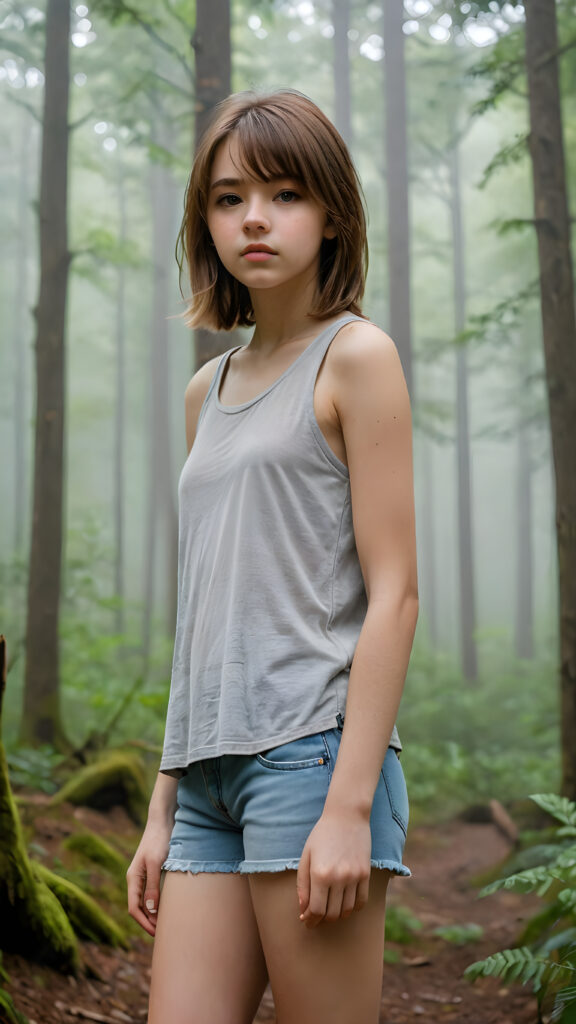 a detailed portrait (((young teenage girl))) with soft, amber, shoulder-length hair and a tapered fringe, standing in a (((big, foggy forest))), exuding a sense of loneliness and isolation, dressed in tattered tank top, her figure eliciting (((stunningly gorgeous)))); the scene oozes a feeling of melancholy and unease