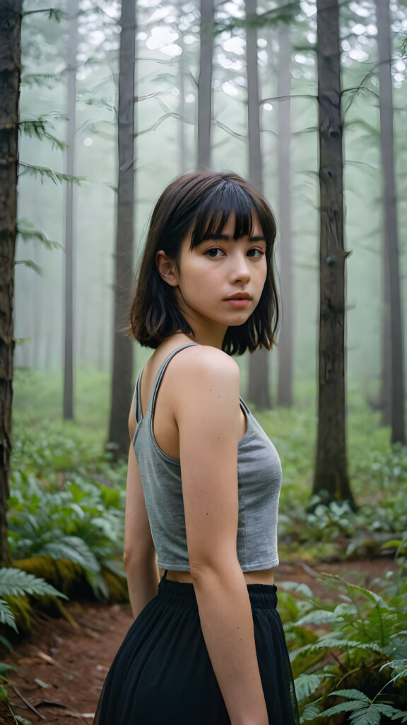 a detailed portrait (((young teenage girl))) with soft, black, shoulder-length hair and a tapered fringe, standing in a (((big, foggy forest))), exuding a sense of loneliness and isolation, dressed in a cropped tank top, deep v-neck, her figure eliciting (((stunningly gorgeous)))); the scene oozes a feeling of melancholy and unease