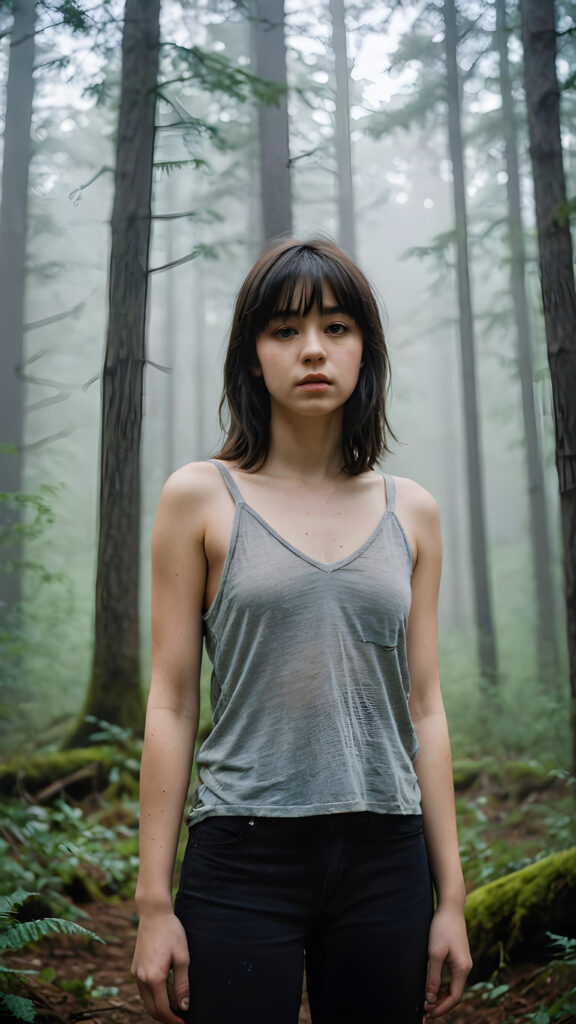 a detailed portrait (((young teenage girl))) with soft, black, shoulder-length hair and a tapered fringe, standing in a (((big, foggy forest))), exuding a sense of loneliness and isolation, dressed in a cropped tank top, deep v-neck, her figure eliciting (((stunningly gorgeous)))); the scene oozes a feeling of melancholy and unease