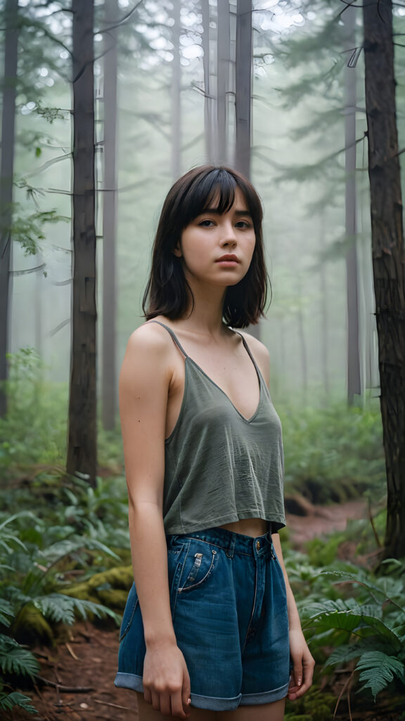 a detailed portrait (((young teenage girl))) with soft, black, shoulder-length hair and a tapered fringe, standing in a (((big, foggy forest))), exuding a sense of loneliness and isolation, dressed in a cropped tank top, deep v-neck, her figure eliciting (((stunningly gorgeous)))); the scene oozes a feeling of melancholy and unease